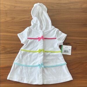 Little Me White Hooded Terry Swim Coverup with Pink, Yellow & Aqua Trim 18M
